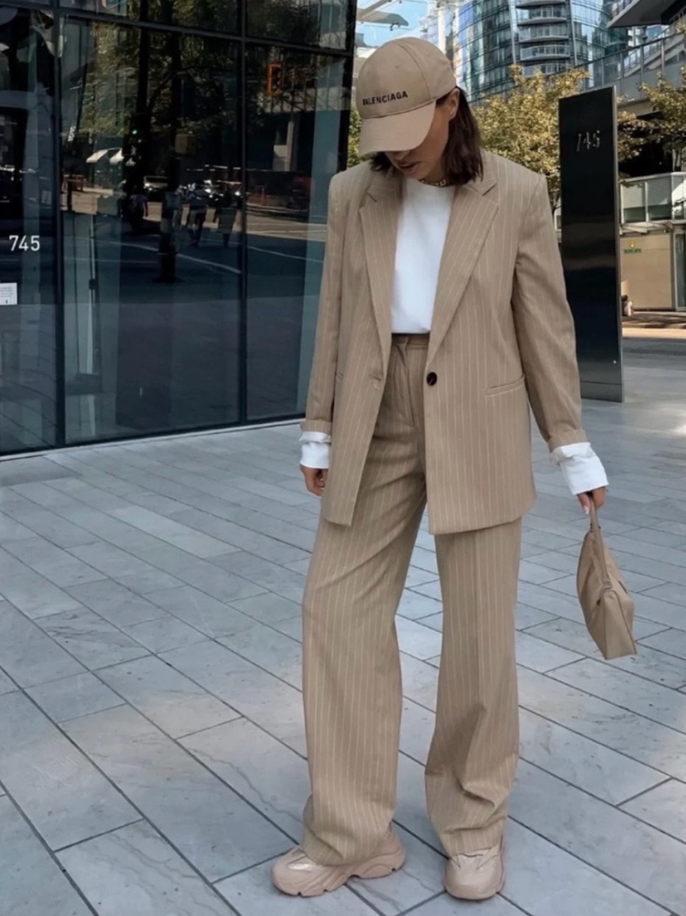 Zara Beige & White Pinstripe Wide-Leg High Rise Trousers
